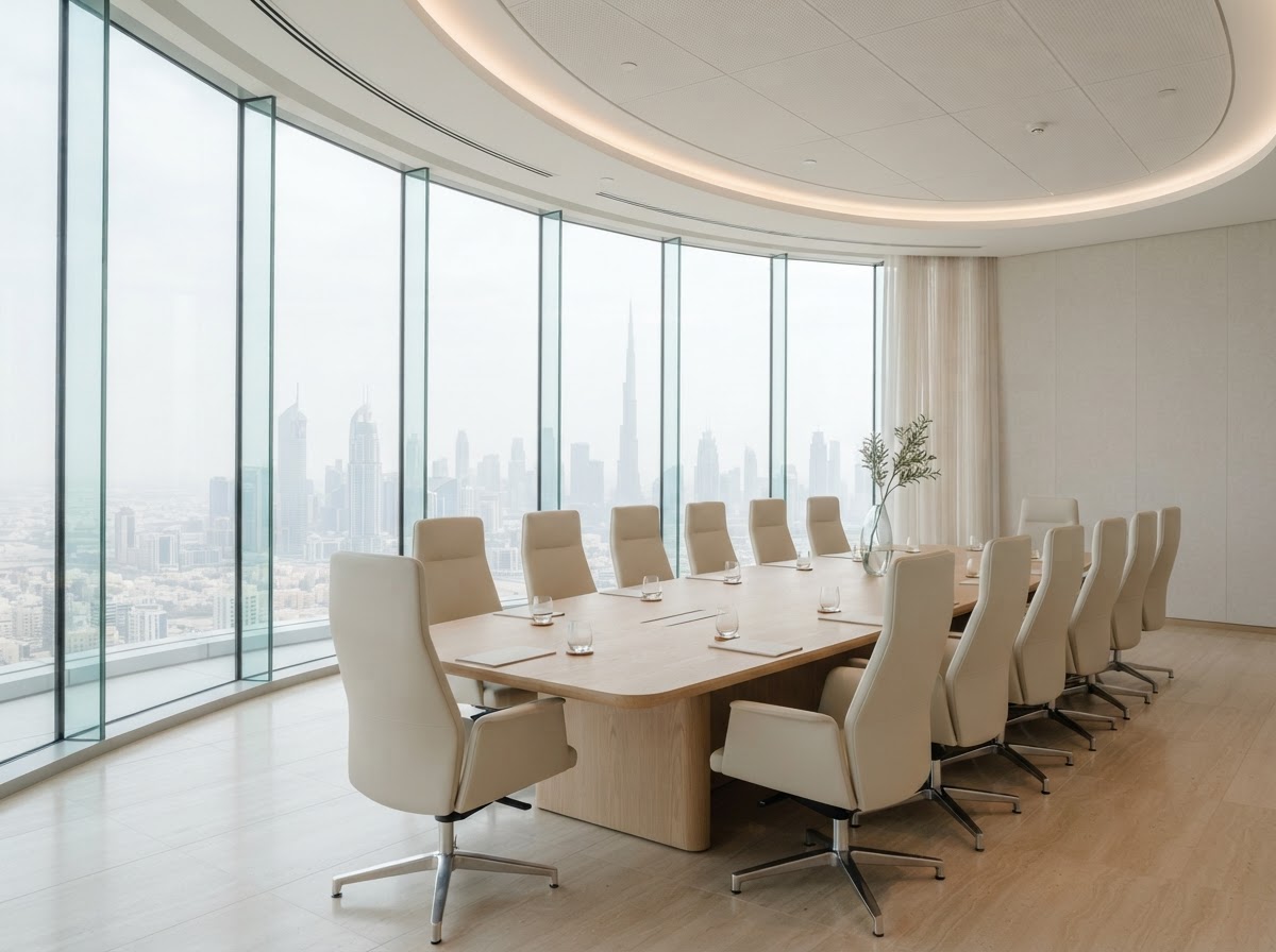 A luxury executive meeting room with wide glass windows overlooking Dubai’s skyline