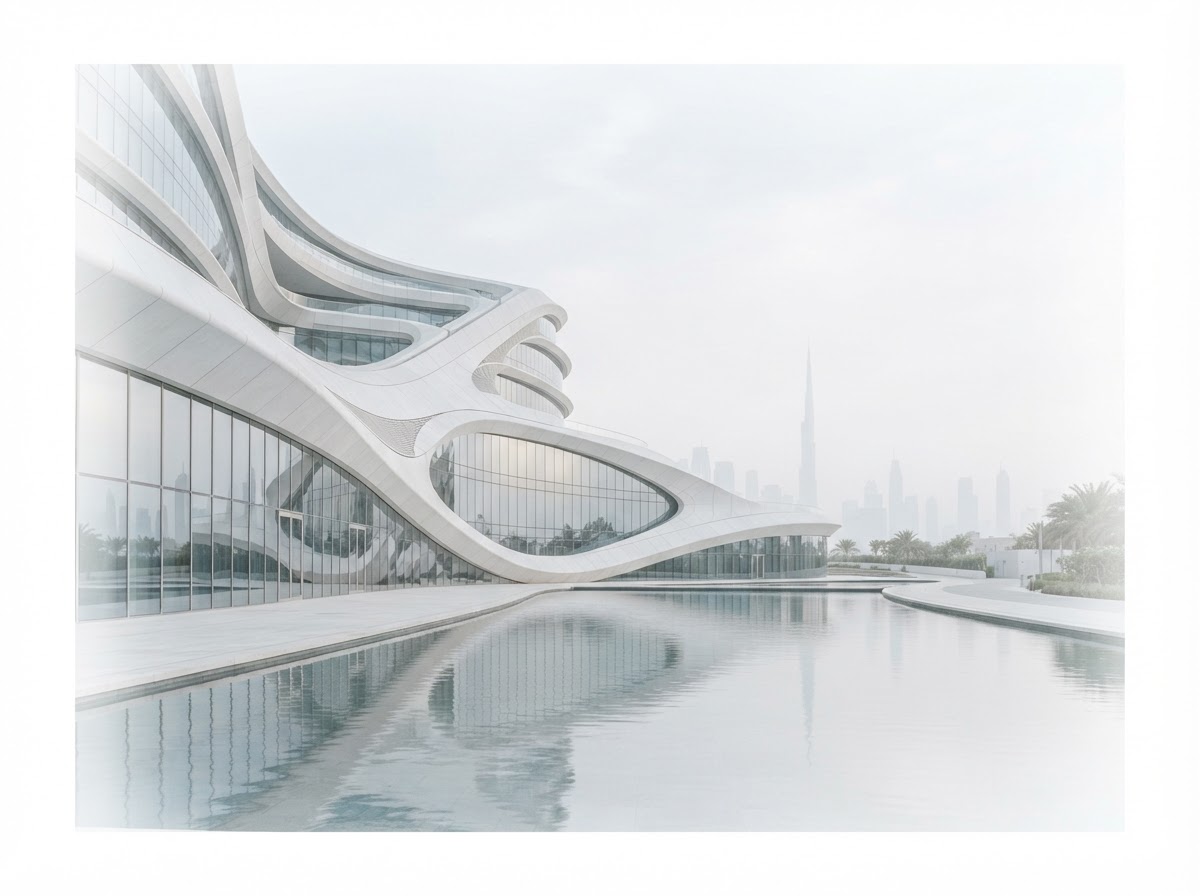 A modern institutional building with a glass façade reflected on water, with a distant financial skyline