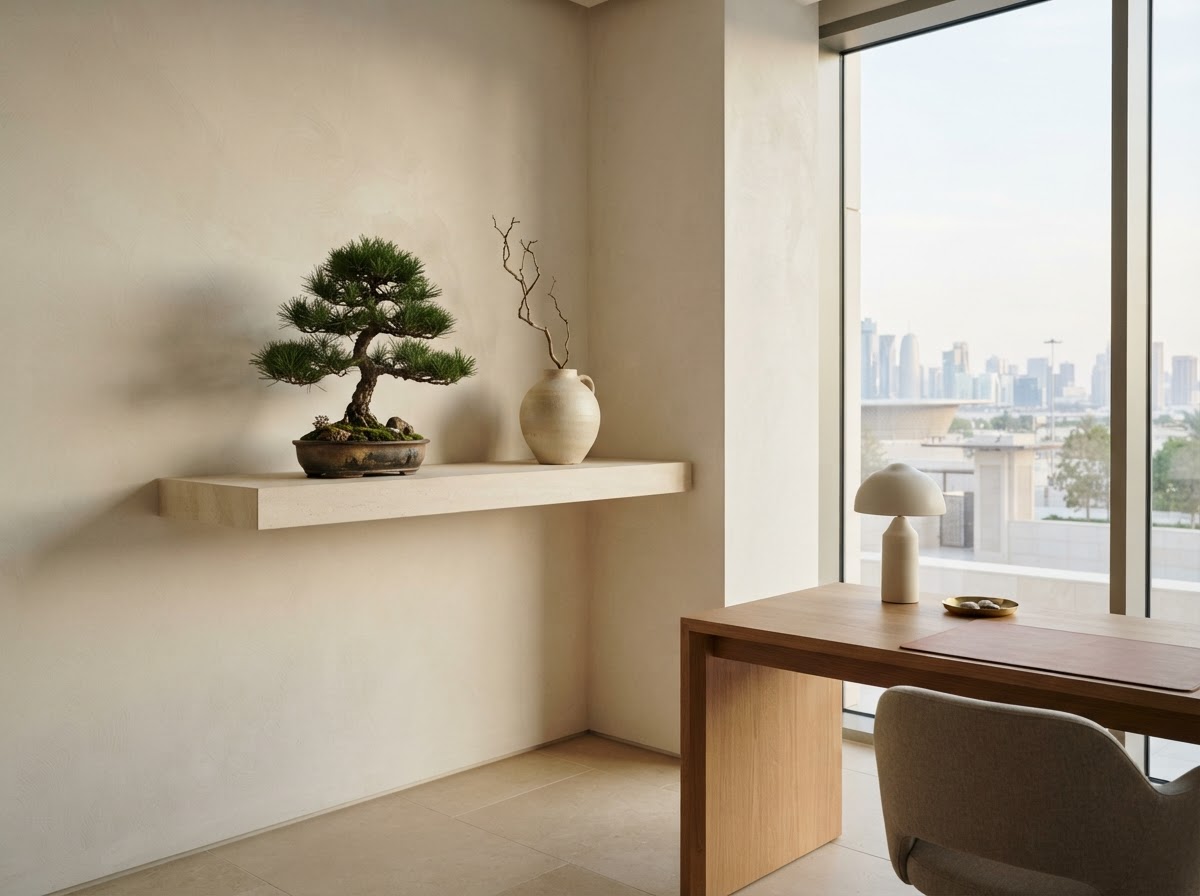 Angolo interno tranquillo di un ufficio di lusso con un bonsai su uno scaffale in pietra