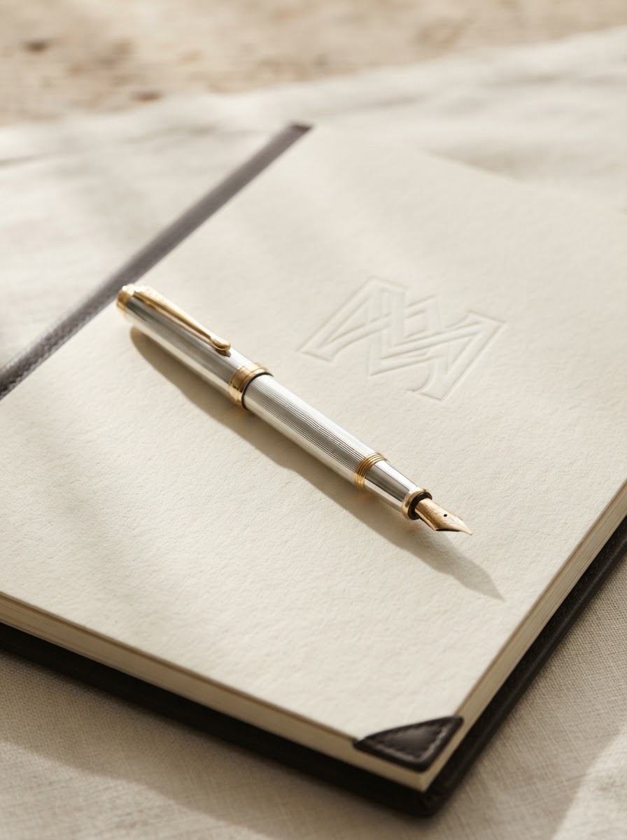 A luxury pen resting on a cream paper file with a raised geometric emblem
